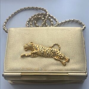 Vintage 1960 Gold Clutch Purse with Crystal  Jaguar and Braid Rope Strap.